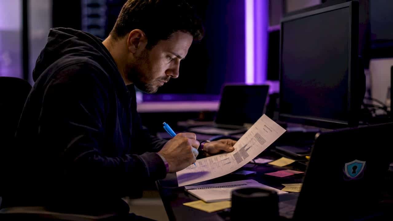 Cybersecurity analyst reviewing blockchain reports
