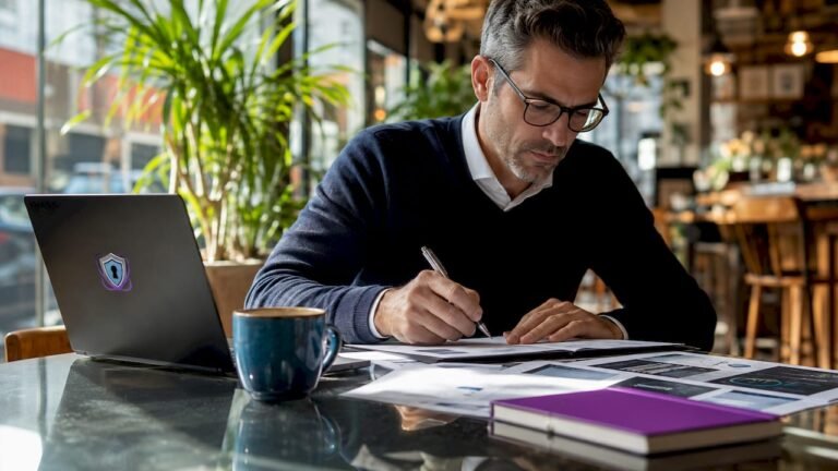 Crypto analyst reviewing blockchain data sheets