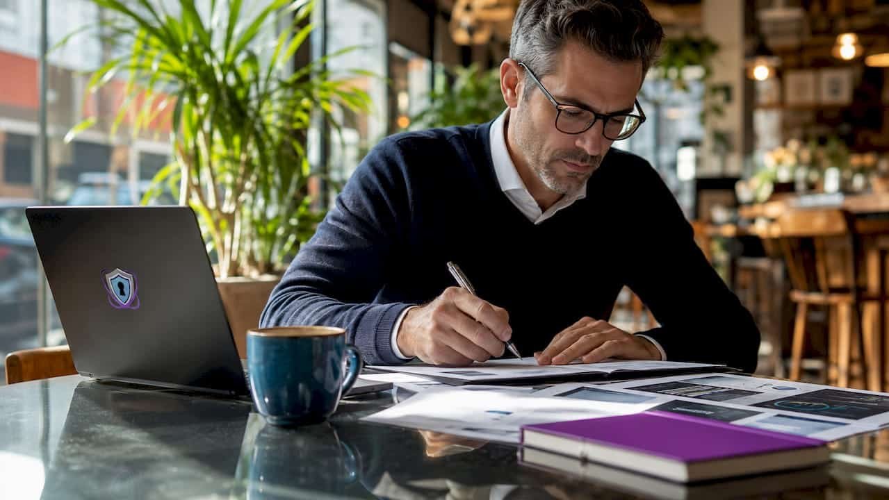 Crypto analyst reviewing blockchain data sheets