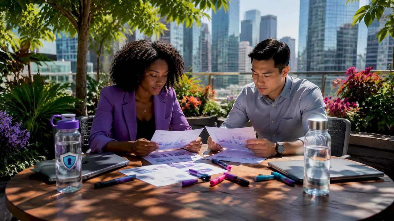 Two blockchain analysts reviewing forensic reports