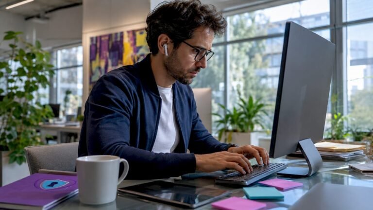 Cybersecurity analyst working at desk with multiple screens