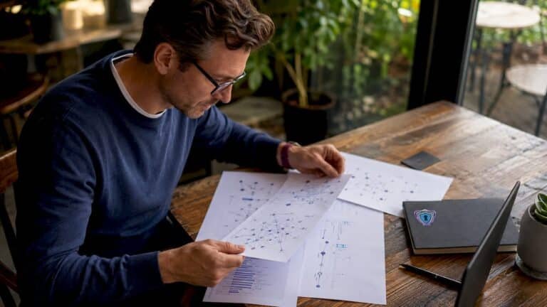 Analyst studying blockchain transaction graphs in office