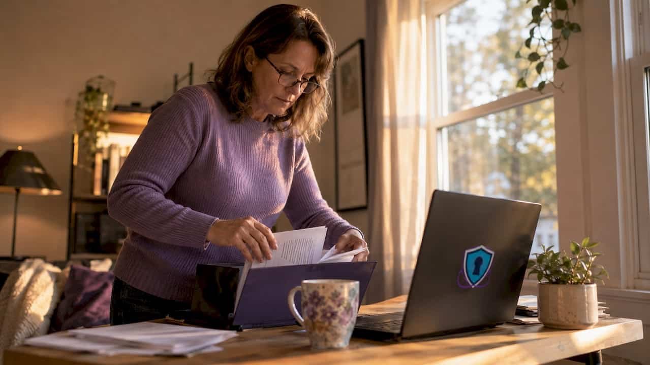 Woman organizing cryptocurrency fraud evidence at desk