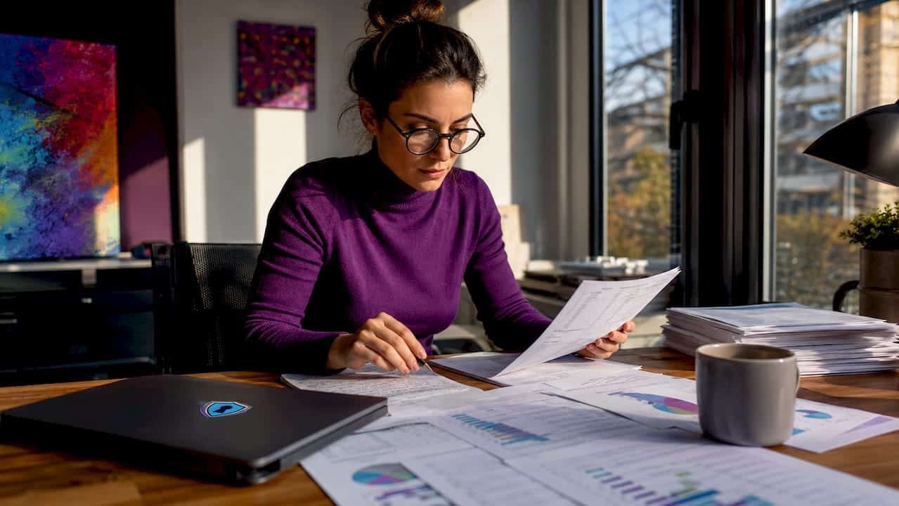 Blockchain analyst reviewing printed transaction data