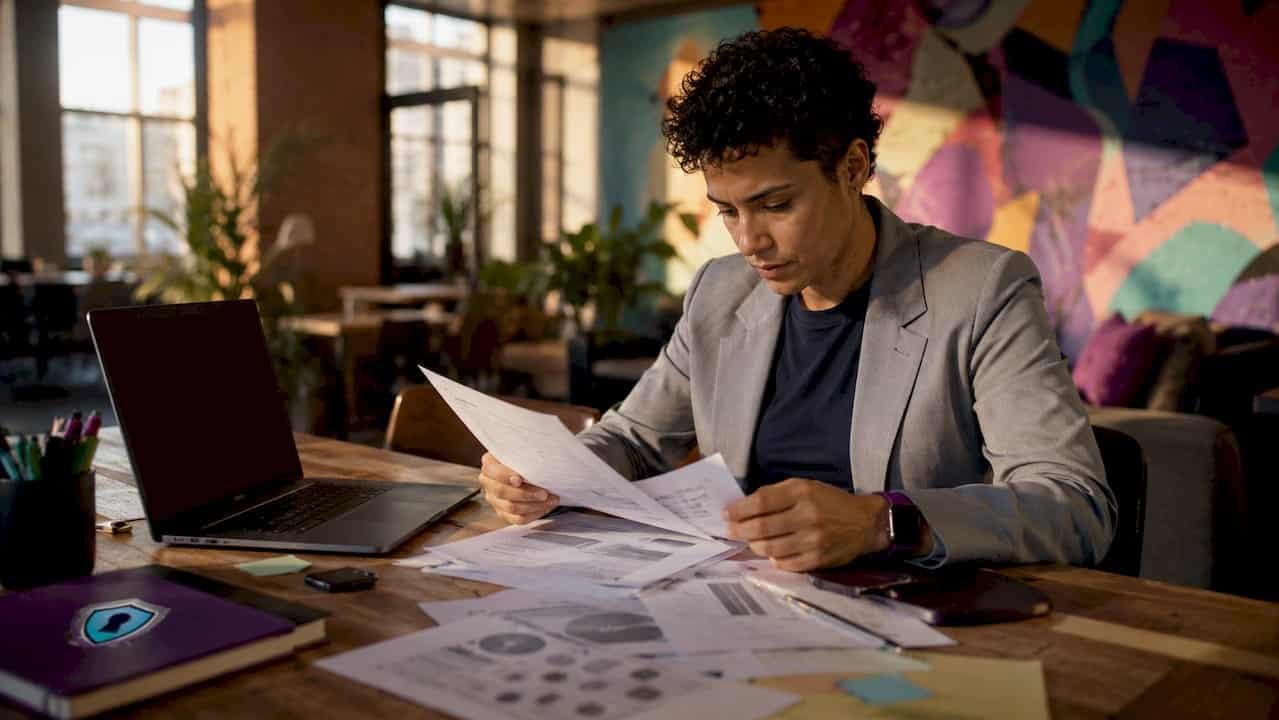 Cybersecurity analyst reviewing forensic reports at desk